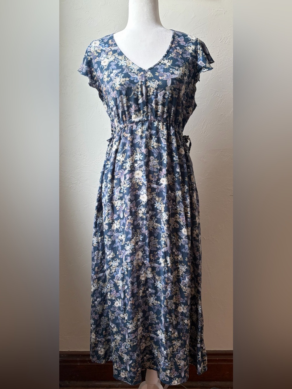 Frye & Co Floral Butterfly Maxi Dress Flutter Sleeve Pockets Size L
